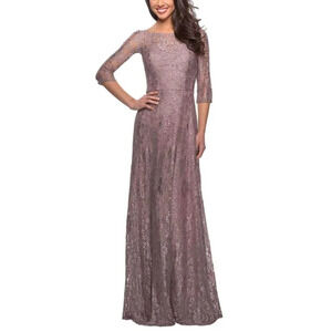 La Femme Evening Dress Size 8 Cocoa Floral 3/4 Sleeve Formal Lace Sparkle